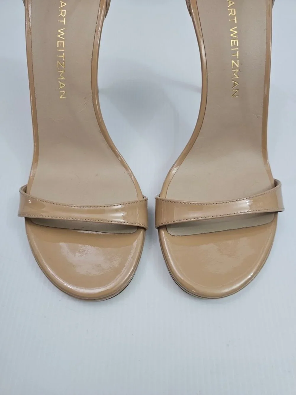 Stuart Weitzman Nudist Platform Heel Sandal Womens 9 Adobe Tan Patent Leather